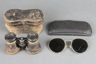 A pair of 19th Century opera glasses with leather case and a pair of steel framed sun glasses 