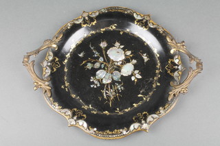 A 19th Century papier mache and inlaid mother of pearl circular twin handled tray 11"