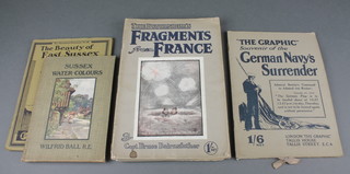 Bruce Bairnsfather "Fragments From France" 3rd edition, 4,5,6, two editions "More Fragments From France" No.2, "Still More Fragments From France" No. 3, 1 volume "The Graphic Souvenir of the German Naval Surrender", a souvenir postcard of The Canadian Rockies 