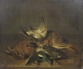 In the manner of Moses Houghton, 19th Century oil on canvas, game study of a hare, woodcock and mallard 13" x 16", indistinctly signed to bottom right hand corner 