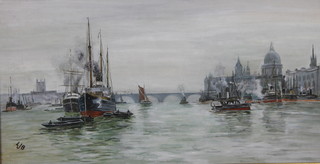 Oil painting on canvas, study of the Thames looking west with Southwark Cathedral and St Pauls in the distance, monogrammed LJB to bottom left hand corner,  7 1/2" x 14 1/2" 