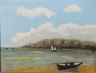A 19th Century English impressionist school oil painting on canvas, study of bay with fishing boats, monogrammed MC to bottom right hand corner 8" x 9 1/2" 