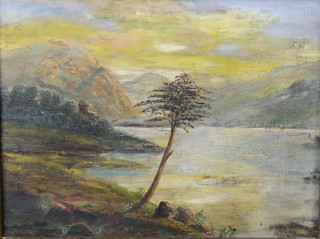 A 19th Century oil painting on canvas, study of a mountain lake with folly,unsigned, contained in a decorative gilt frame 7" x 9 1/2" 