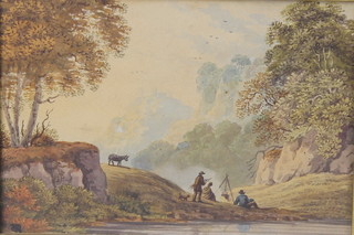 A pair of 19th Century watercolour drawings, study of a picnicking couple by a lake with castle in distance and study of a 2 arched bridge with fisherman, village and church in distance, unsigned, 4 1/2" x 7" 