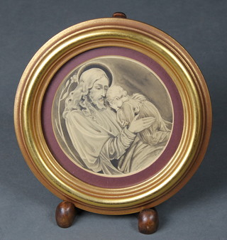 Pencil drawing, study of Christ comforting a child, 5" circular together with 2 19th Century silhouette portraits lady and gentleman 5" x 4" oval contained in turned frames