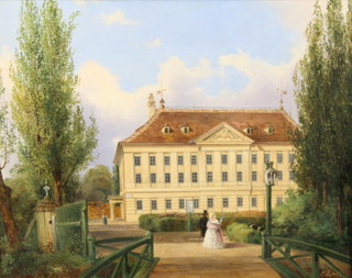 19th Century Continental oil painting on canvas, study of a country house with bridge and figures walking, monogrammed EM 8 49 12" x 15", relined 