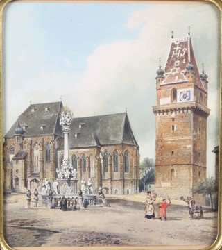 A 19th Century Continental watercolour drawing, study of a church with tower and priest in precession 11" x 9 1/2" contained in a decorative gilt frame 