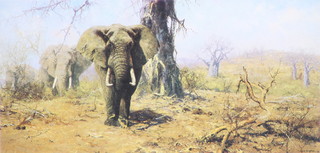 David Shepherd, a coloured print of a standing elephant 3" x 6" and 1 other of a standing Rhino 3" x 3", signed David Shepherd in the margin