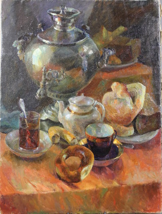 Russian School, a 20th Century impressionist oil painting, study of a samovar, tea cups, glasses and saucers 31" x 23 1/2"  