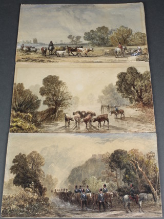 19th Century watercolour drawing, study of a horse artillery with castle in distance 6" x 10 1/2" and 2 others, study of cattle being driven by a bridge and church in distance 6" x 11 1/2" and study of standing cattle 6" x 11", unframed