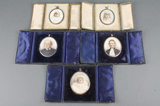 5 19th Century portrait miniatures on ivory, lady and gentleman and 3 girls, contained in gilt mounts and plush cases, 3" x 2" 