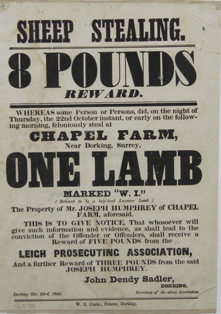 A Victorian print poster "Sheep Stealing 8 Pounds Reward, Capel Farm Near Dorking Surrey" 11 1/2" x 8"  