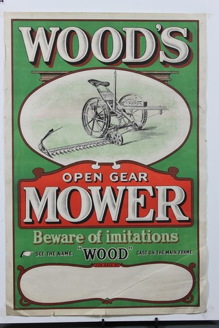Of agricultural interest, Woods, a poster for Woods Open Gear Mower 30" x 20", slight crease to the base 