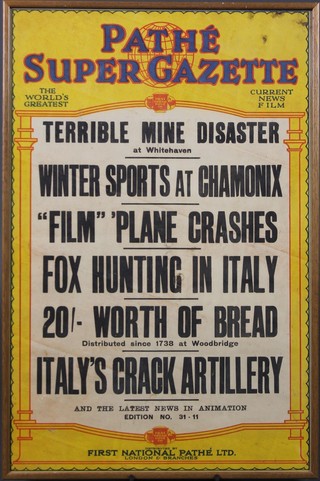 Of cinema interest, a 1930's Pathe Super Gazette "Terrible Mine Disaster at Whitehaven", "Winter Sports at Chamonix 29" x 19" 