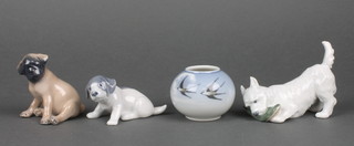 A Royal Copenhagen figure of a seated puppy 3", ditto bull dog 3169 3", Royal Copenhagen figure of a West Highland Terrier with slipper 470 4" and a squat ditto vase decorated bluebirds 2671 2" 
