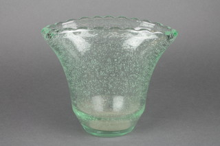 Daum Nancy France, a boat shaped green bubble glass vase 7" 
