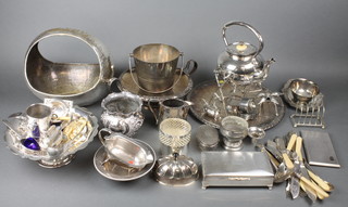 A stylish silver plated hammer pattern basket and a quantity of silver plated items 