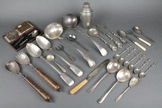 A pair of 19th Century Old English gravy spoons, a lady's compact with clock, a cocktail shaker and other minor plated items