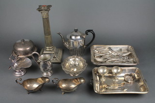 A silver plated Corinthian column table lamp 14", a plated entree set and minor items 