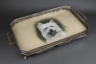 An Edwardian silver 2 handled pierced gallery octagonal tray on claw feet with painted dog study, London 1908, 24" 