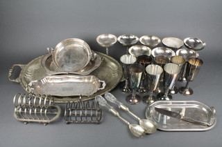 A silver plated 2 handled tray and a quantity of plated items