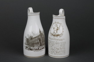 William Savage of Winchester, a tapering porcelain jug decorated Winchester Cathedral 5" (crack to rim), 1 other decorated The Faithful Servant and rhyme painted on the wall adjoining the kitchen of Winchester College 5" 
