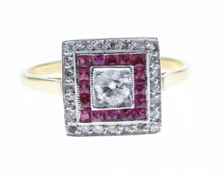 An 18ct ruby and diamond Art Deco style ring, size M 1/2