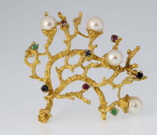 A high carat gem and pearl set brooch in the form of coral