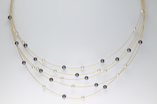 A 9ct gold, 5 strand, 2 colour cultured pearl necklace