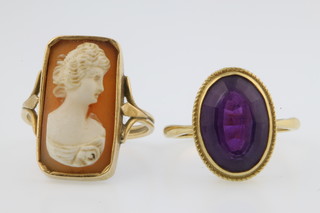 A 9ct amethyst dress ring, a ditto cameo portrait ring, size L 1/2 and N