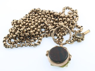 A 9ct gold muff chain with a ditto swivel seal and watch key, gross approx. 50 grams