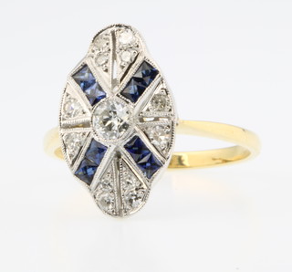 An 18ct yellow gold sapphire and diamond Art Deco style ring with 8 princess cut sapphires and 13 brilliant cut diamonds, size P