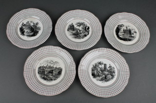 5 19th Century Continental dessert plates decorated with castle scenes 7" 