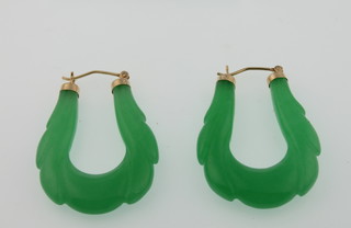 A pair of modern Chinese jade and gold mounted hoop earrings 