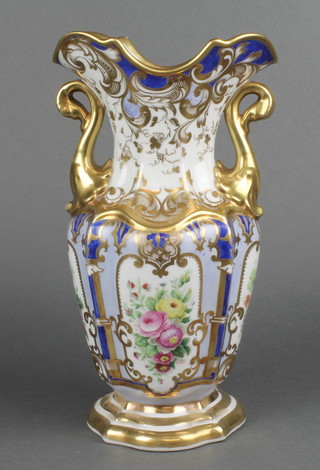 An early 20th Century Paris porcelain 2 handled vase with swan neck handles and panels of spring flowers, on a mid blue ground, 12" 