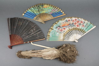 An Edwardian parasol with carved ivory handle, 3 fans