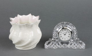 A boxed Belleek brown mark shell bowl 2" and a boxed Waterford crystal timepiece 