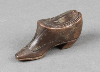 An early 19th Century carved and pin work snuff box in the form of a shoe 