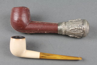 A cased meerschaum pipe and an Indian silver walking cane knop 