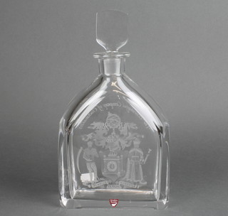 A modern Orrefors engraved flattened decanter and stopper, The Worshipful Company of Clockmakers 1631-1981 10 1/2" 