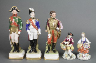 3 20th Century German figures of soldiers and a pair of seated Continental figures 