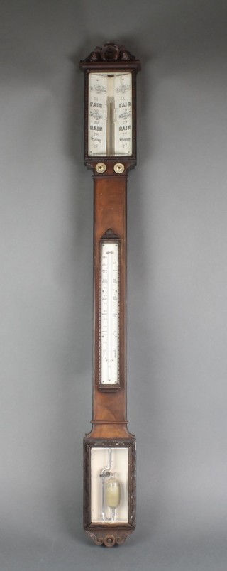 H Frodsham, A Victorian mercury stick barometer and thermometer, contained in a carved walnut case, the dial marked Yesterday AM/Today AM,  marked H Frodsham Liverpool