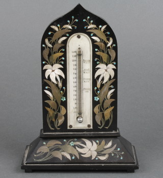 A Victorian thermometer with ivory dial contained in an arch shaped pietra dura floral marble case 7 1/2" 
