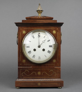A Georgian style French 8 day striking bracket clock with enamelled dial and Roman numerals, contained in an inlaid brass and mahogany case surmounted by a stylised pineapple finial, striking on a gong 
