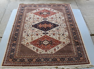 A Belgian cotton Caucasian style carpet with 3 stylised diamonds to the centre 103" x 79" 