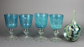 A Mdina glass vase with spiral decoration 7 1/2", 4 ditto turquoise wine goblets