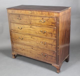 A 19th Century rectangular inlaid mahogany chest of 2 short and 3 long drawers with brass swan neck drop handles, raised on bracket feet 47"h x 49"w x 21"d  