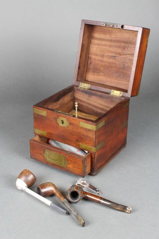 A 19th Century square mahogany box with hinged lid, the base fitted a drawer with brass mounts 8"h x 7"w x 7"d 
