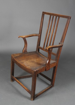 An 18th/19th Century Country elm stick and rail back open arm chair  