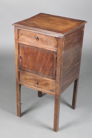 A Georgian mahogany night table with hinged top fitted bowl receptacle above a cupboard and drawer, on square supports 29 1/2"h x 15 1/2"w x 14 1/2"d